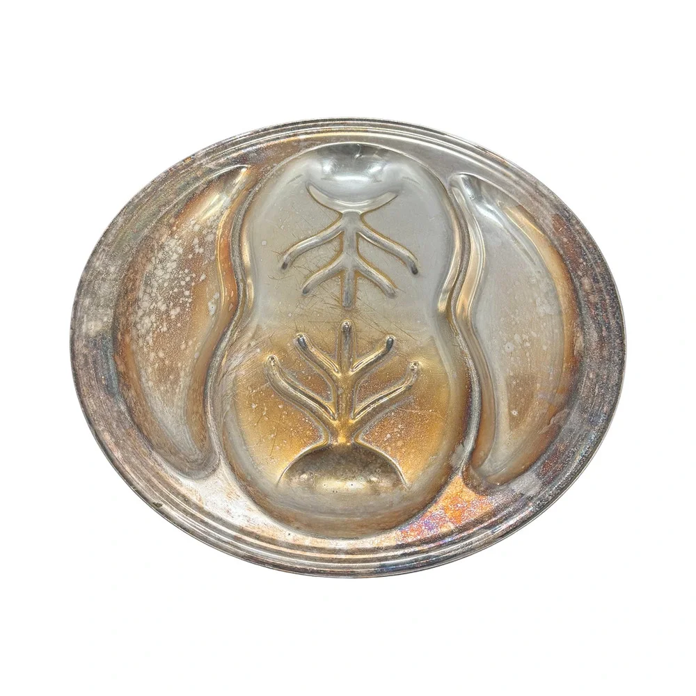Vtg Silver on Copper 3 Section Divided Relish Platter Tray Pear Footed Dish 18